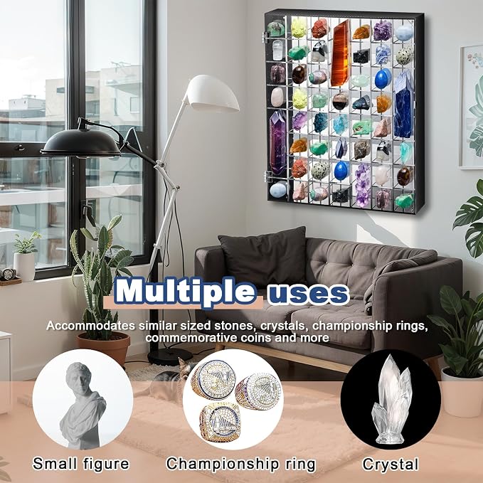 Cinnvoice Rock Display Case 56 Grids,Black Border,Square | Adjustable Acrylic Display Case, Crystal Organizer for Collectible, with Built-in Mirrored, Magnetic Door, Wall Mount