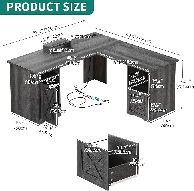 YITAHOME L Shaped Desk with Power Outlets | Computer Corner Desk, File Drawer, Monitor Stand & Storage Shelves, File Cabinet
