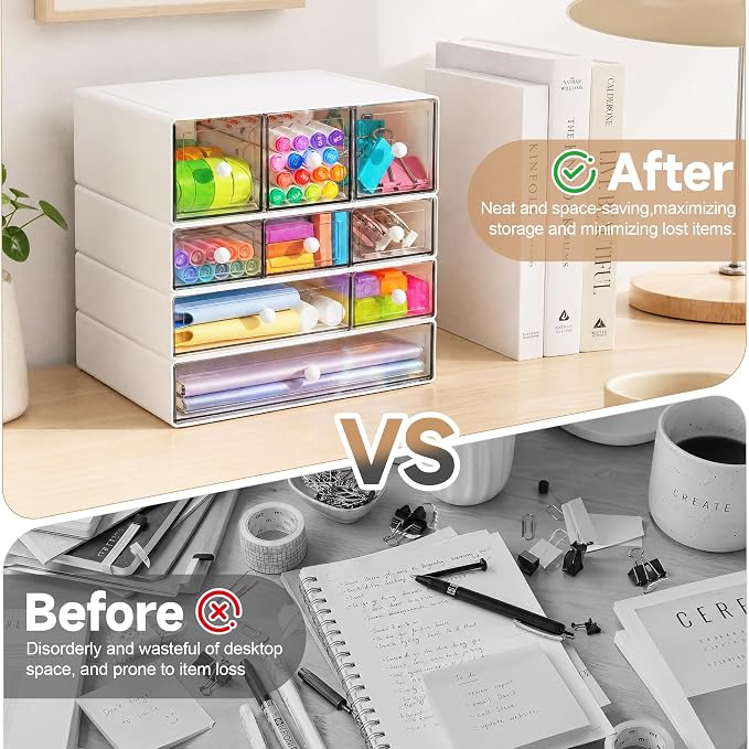 Desk Organizer with 9 Drawers, 4 Tiers Stackable Storage Drawers, Desktop Storage Box with Clear Drawers for Stationery, Makeup, Jewelry, Office and Craft Supplies (White)