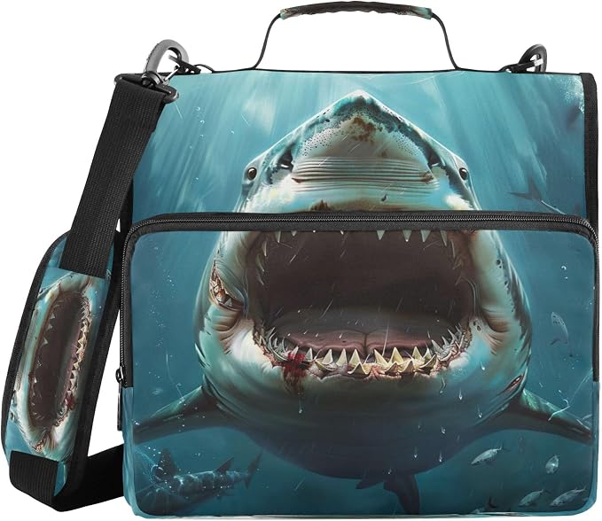 3 Ring Zipper Binder Shark Binder Organizer Portfolio with File and Shoulder Strap & Handle Large Capacity File Folder