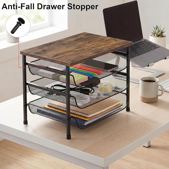 4-Tier Printer Stand for Desk with Storage Drawer Wooden Top Printer Shelf Metal Desktop Organizer Paper Organizer Printer Table for Home Office Accessories Black