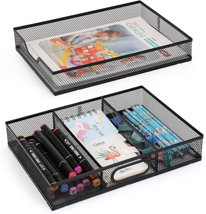 Office Drawer Organizer, 2 Pack Metal Mesh Desk Draw Divider, Versatile Desktop Organizer Tray to Keep Supplies Tidy and Easy to Access, Stackable A4 Paper Holder Tray
