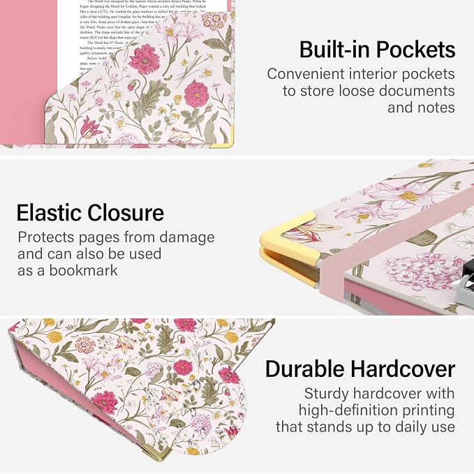 3 Ring Binder 2 Inch for Letter Size 8.5" x 11" Paper, Clipboard Binder with 5 Tabbed Dividers with Pockets, Plastic Folder and 40 Divider Stickers, School and Office Supplies, Pink Flowers