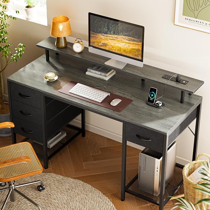 Huuger 55 inch Computer Desk with Power Outlets & 4 Drawers | Gaming Desk with LED Lights, Home Office Desk with Large Storage Space for Bedroom, Work from Home, Grey