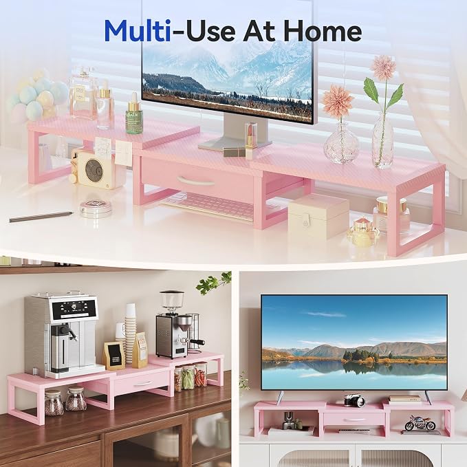 Desk Organizers and Accessories, Dual Monitor Stand Riser with Drawer, Computer Monitor Stand, Adjustable Desk Shelf for PC Laptop Printer TV, Pink