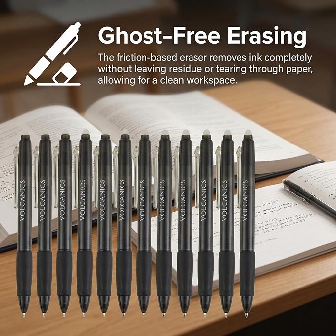 Volcanics Retractable Clicker Erasable Gel Pens, 0.7mm Soft Black, 36 Pack
