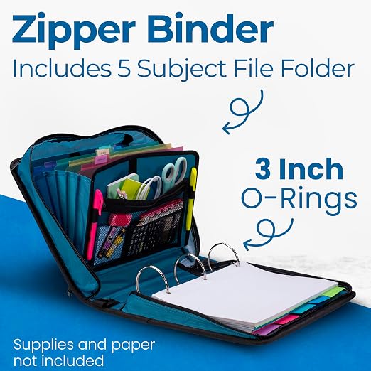 Case-it School Zipper Binder | 3-Inch O-Rings | 600-Sheet | D-146 Wave | Mighty Zip Tab, 5-Subject Expanding File Folder, Multiple Pockets, Storage Organizer, Shoulder Strap, Office
