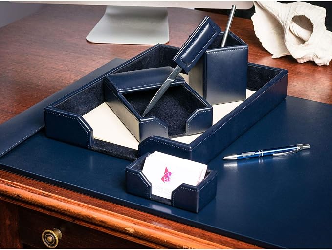 DACASSO Bonded Leather Desk Set - Luxury Leather Desk Pad & Desk Organization Essentials (Navy Blue, 6 Piece)
