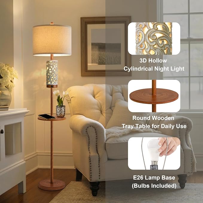 Dimmable Farmhouse Floor Lamp for Living Room, 2-in-1 Rustic Floor Lamp with Main&Night Light,Linen Shade&Dual Switches, 65" Standing Lamp for Bedroom Office Corner Dining Room, Wood Pole Lamp