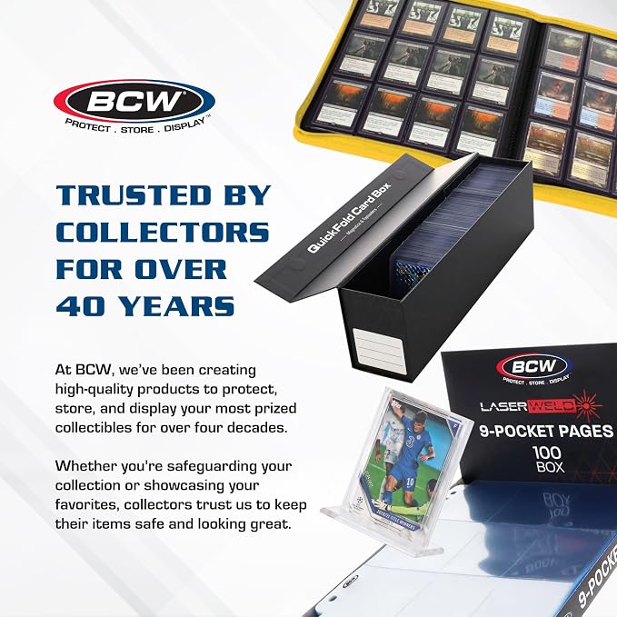 BCW 35 Pt Magnetic Card Holders with UV Protection, 10 Count | Clear two-piece cases use a gold magnet closure, recessed corners, and easy-open tabs for standard 35 pt trading cards.