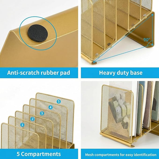 LEKETREE File Organizer for Desk, File Folder Organizer with 5-Section Vertical Rack, Suitable for Home Office Document Organization and Storage(Gold)