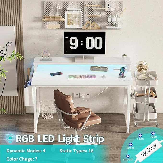 Lufeiya Small White Desk with LED Lights and Power Outlets, 32 Inch Home Office Computer Desks with Monitor Stand, Teen Writing Study Table Gaming Desk with Charging Station, White