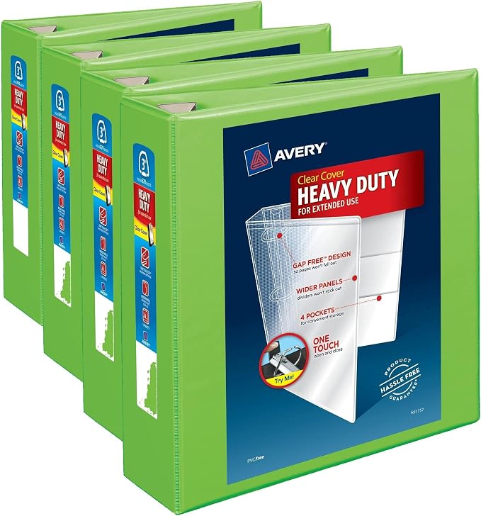 Avery Heavy-Duty View 3 Ring Binder, 3" One Touch EZD Rings,670-Sheet Capacity,3.5 Inch Wide Spine, Great for Home,School Supplies,Office,or Organization Needs,1 Chartreuse Binder (79779) (Pack of 4)