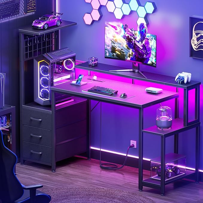 Korfile 48" Gaming Desk with Power Outlet, LED, Drawers, Carbon Fiber Black | Reversible，Computer Desk, Gamer Table, with Fabric Drawers & Side Hook, with Monitor Stand, for Game Room, Home Office