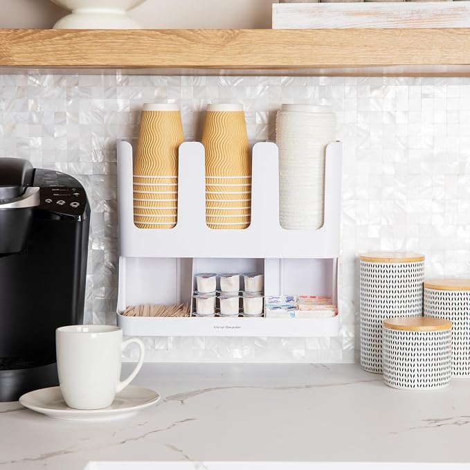 Mind Reader Cup and Condiment Station, 13 Inch Countertop Coffee Bar Organizer with 6 Compartments, Storage Caddy for Cups, Lids and Packets, Plastic, White 13" L x 6.4" W x 11.5" H (Pack of 4)