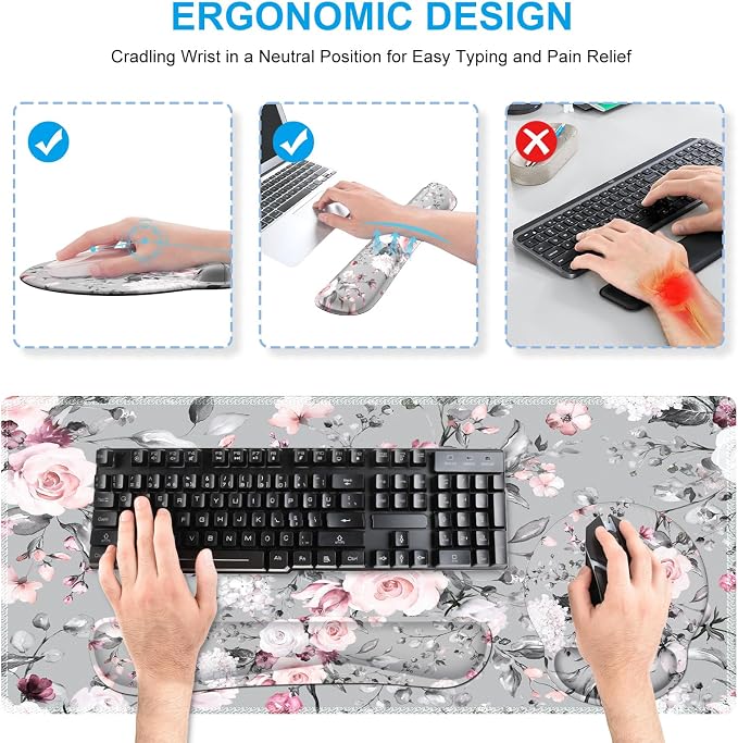iCasso Desk Blotter for Workspace, Pink Floral 35.4"x15.7" Mousepad | School Ergonomic Desk Pad Featuring Keyboard Wrist Rest, Elegant Mousepad Set for Study Workspace Computer Setup