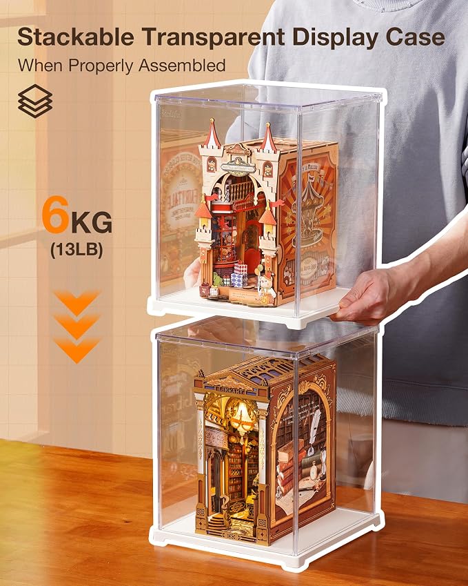 Rolife Display Box for Hobby Collectibles | Tool-free Assembly, Clear Acrylic Display Case for Book Nook, Dust Cover Showcase Clear Stackable Storage Bin