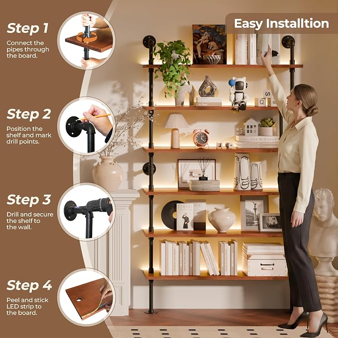 6-Tier LED Ladder Shelf, Wall Mounted Pipe Bookshelf, Walnut Brown 48 Inch | Solid pine 6-tier wall mounted pipe bookshelf with warm LED lights, 50 lb shelves, for books, plants and decor