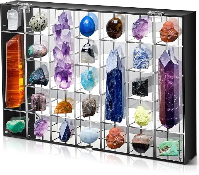 Cinnvoice Rock Display Case 35 Grids,Black Border,Square | Adjustable Acrylic Display Case, Crystal Organizer for Collectible, with Built-in Mirrored, Magnetic Door, Wall Mount