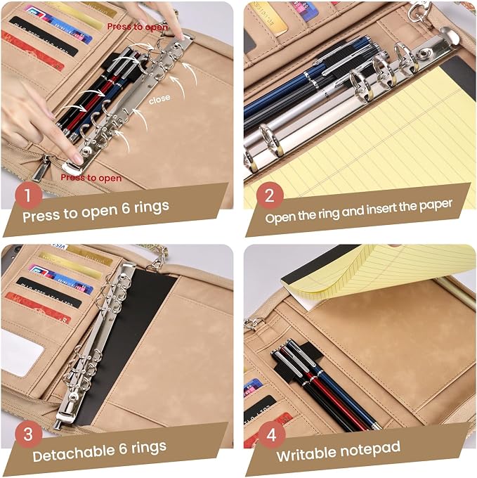 A5 Binder 6 Ring with Zipper, Portable Planner for Travel & Study | Faux leather A5 planner with detachable 6 rings, lined pages, pouches, card slots and pen holder for daily use.