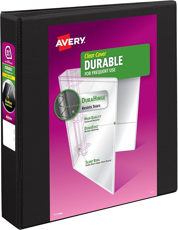 Avery Durable View 3 Ring Binder, 1.5" Slant Rings, 1 Black Binder | For Daily School, Home and Office Use, Tear-Resistant Spine, DuraEdge Split-Resistant Edges, Clear Customizable Covers