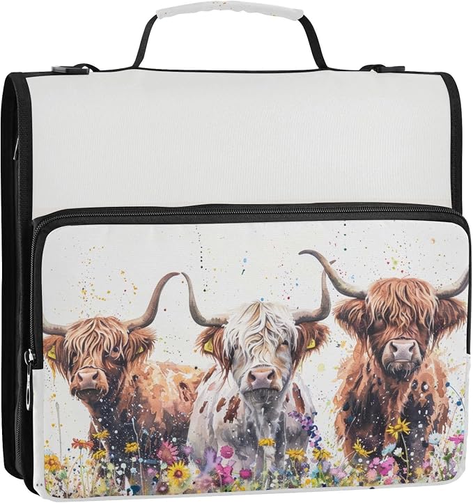 Watercolor Highland Cows Flowers Zipper Binder with Shoulder Strap Bag 3 Ring Binder Organizer Large Capacity Multiple Compartments for School Office