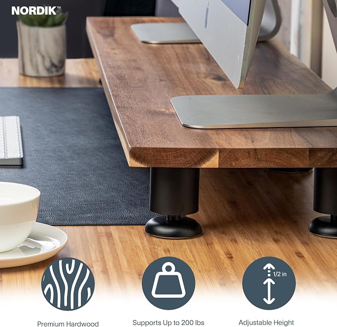 Nordik Dual Monitor Stand Riser -Hardwood Acacia Monitor Shelf (42x10.5 in) | Premium Handmade Acacia Wood Monitor Stand - Easy to Assemble Monitor Riser - Double Monitor Riser with Storage Organizer