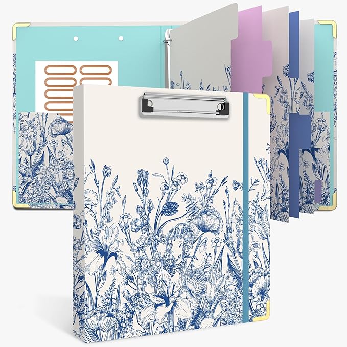 3 Ring Binder 1 Inch, Cute Round Ring Binders with 6 Tab Dividers, Labels Stickers, Low Profile Clipboard with Storage, Fashion Binder School Office Supplies(Vintage Blue Florals)