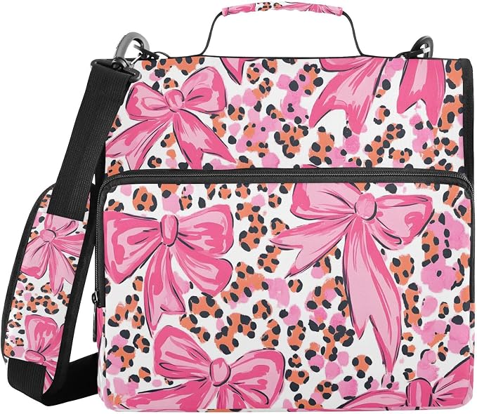 3 Ring Zipper Binder with Shoulder Strap Pink Bow Leopard Print 1.5 inch Binders Keeper Large Capacity Multi Pockets for School Office Supplies