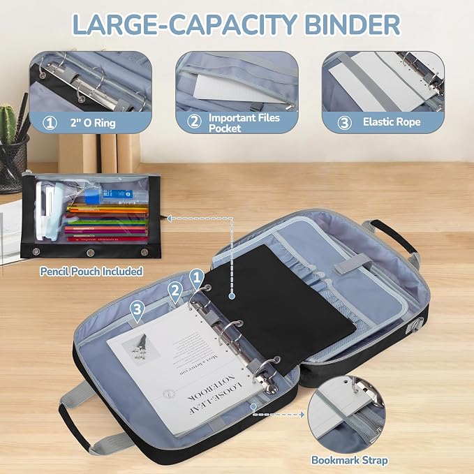 YARWO 2026 Upgraded Zipper Binder 3 Ring Binder Bag with Pencil Pouch | 500 Sheets Capacity, 5-Tab Expanding File Folder, 14” Laptop Padded Sleeve, Shoulder Strap, for College, Office, Home, Black