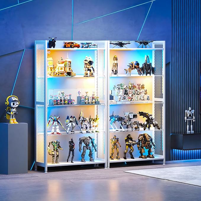 AODK Display Case with Glass Shelves & LED Lights, White Display Cabinet | 4-Tier Display Shelf with Industrial Metal Mesh, Open Storage Shelves for Collectibles, Curio Cabinet, Book Case