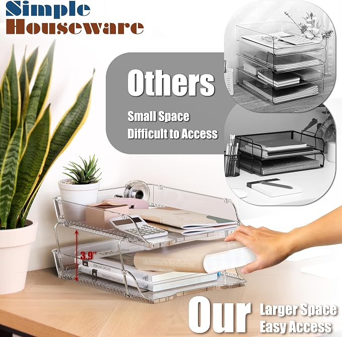Simple Houseware 2-Tier Stackable Paper Tray for Desk Organizer, Clear | Desktop File Holder for A4/Letter Size Documents, File Sorter, Paper Holder, Office File & Accessories Storage