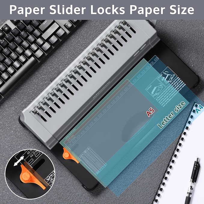 OFFNOVA Binding Machine, 21-Hole 450 Sheets Paper Comb Punch Binder Machine for Letter Size / A4 / A5 Paper, Easy to Punch Handle, Adjustable Margin, Gray