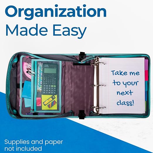 Case-it School Zipper Binder | 3-Inch O-Rings | 600-Sheet | D-146 Aqua | Mighty Zip Tab, 5-Color Tab Expanding File Folder, Multiple Pockets, Shoulder Strap, Iridescent Pastel Design, Office