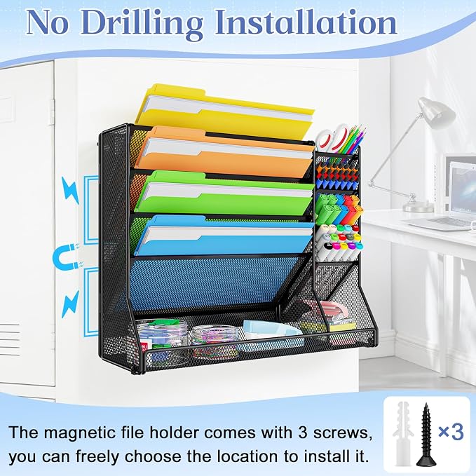 Jakyitvi 5-Tier Magnetic File Organizer R-Shaped Base Wall Hanging Black | Magnetic file holder for refrigerator, 5-tier wall mount file organizer, paper holder for file cabinet, cubicle organization