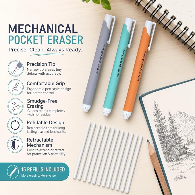 Mechanical Pocket Eraser Pen, Retractable Eraser, 15 Refills