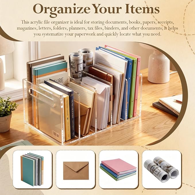 Didaey 2 Pcs Acrylic Magazine File Holder, 5 Vertical Compartments Desk Sorter Organizer Magazines Documents Books Accessories Clear Folder Rack Binder for Office Home (B5,5 Sections,Clear)