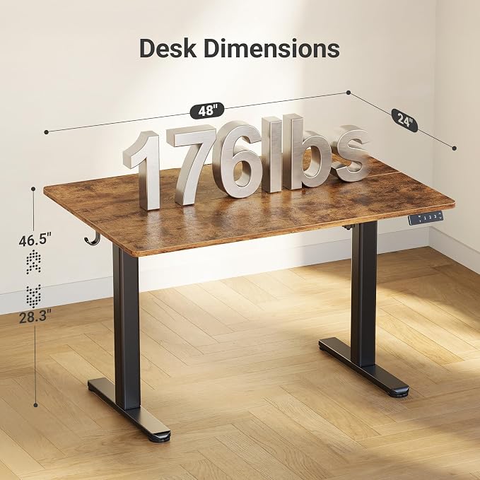 Claiks Electric Height Adjustable Standing Desk, 48x24 Inch, Rustic Brown | Smooth Height Adjustment, 3 Memory Presets, Cable Management Hub&Hook, Stable Steel Frame, 176lbs Capacity, Easy Assembly