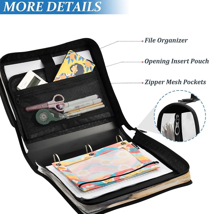 3 Ring Zipper Binder Cute Cats in Love Binder Organizer Portfolio with File and Shoulder Strap & Handle Large Capacity File Folder
