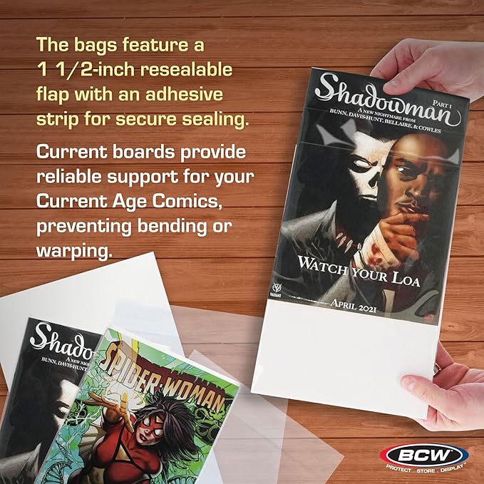 BCW Resealable Current Comic Bags and Boards Combo, 100 Count Each | Protect current comics with 100 acid-free resealable bags and 100 rigid backing boards for storage, display, and transport.
