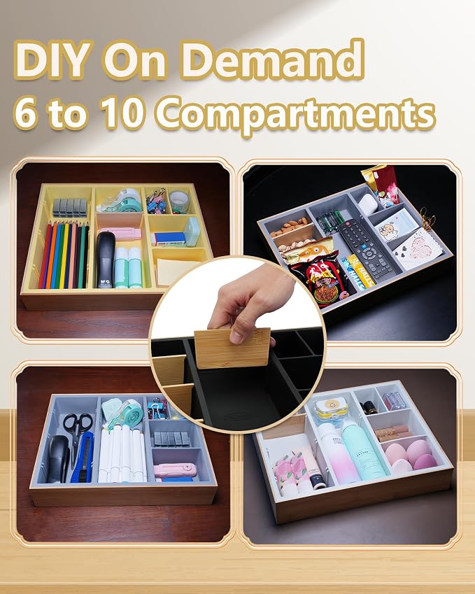 Office Drawer Organizer, Bamboo Desk Drawer Organizer with 4 Removable Dividers, Desk Organizers and Accessories with 10 Adjustable Compartments for Office Home (Gray)