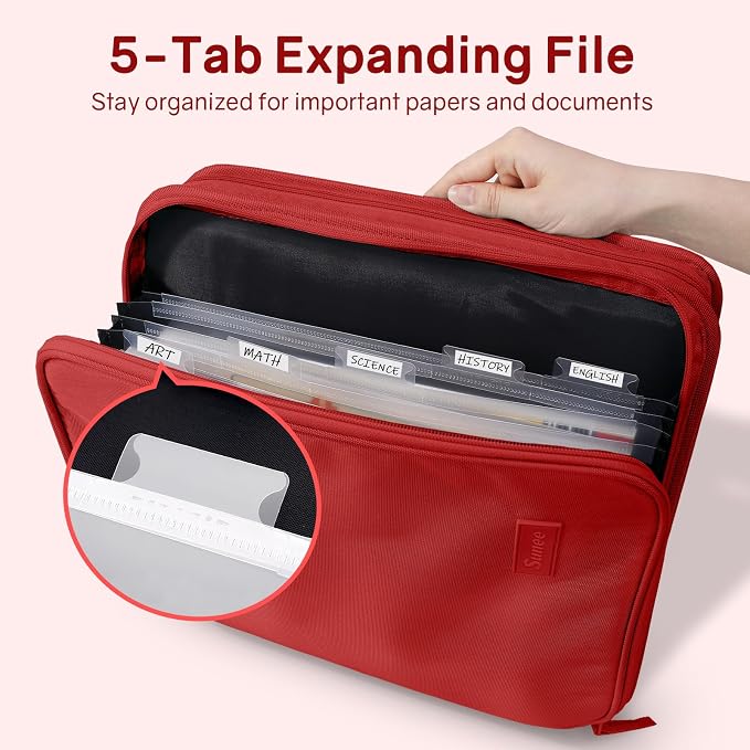 SUNEE Zippered Binder Bag with Handle, 2-Inch 3-Ring O-Ring, 500-Sheet Capacity, Includes Zip Pocket, 5-Tab Expanding File Folder, Multi-Pocket Organizer Binder for Middle School, Bright Red
