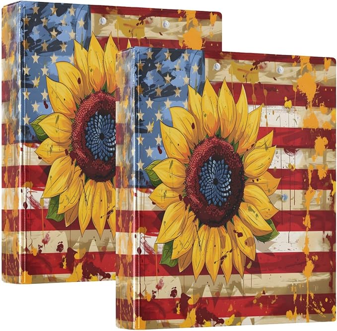 ALAZA 3 Ring Binder USA Flag Patriotic Sunflower Clipboard Round Ring Binder Holds 1.5 Inch Three Ring Binder Heavy Duty Ring Binders for School Office Supplies, 1Pack