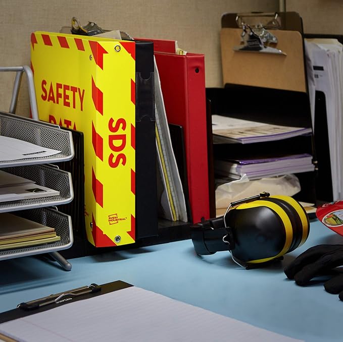 Avery UltraDuty SDS Binder, 1-1/2" Slant Rings, 1 Yellow/Red Binder | For Industrial Workplace Safety, OSHA HazCom Compliant, Water and Chemical Resistant, Attached Chain, Wide Cover Panels