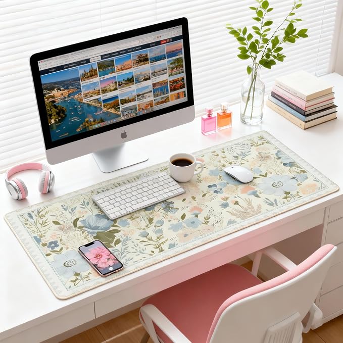 Sage Green Floral XXL Desk Pad, Extra Large Mouse Pad with Anti-Slip Base & Stitched Edges, Desk Mat for Keyboard and Mouse, Aesthetic Office Decor & Desk Accessories for Women, Home & Office