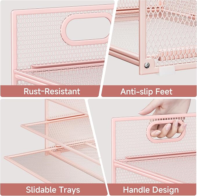 Pink Paper Organizer for Desk with Handle, 6-Tier | Metal Mesh File Organizer, Stackable Desktop Organizer for Office Supplies & Stationery Storage