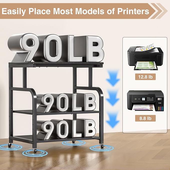 niffgaff Mobile Printer Stand with Large Desktop - 3 Tier Shelf, 24.4 Inch Height, Wooden Organizer for Home&Office, Black