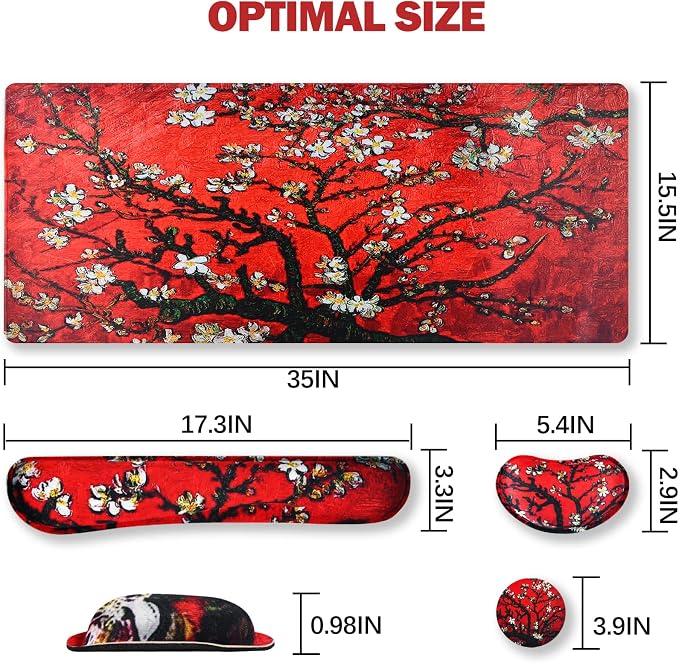 Large Gaming Mouse Pad, Keyboard Wrist Rest Pad & Wrist Support Mousepad Set, Stitched Edge, Extended, Non-Slip Base, Memory Foam Desk Mat 4pcs for Office & Home, Red Van Gogh Painting