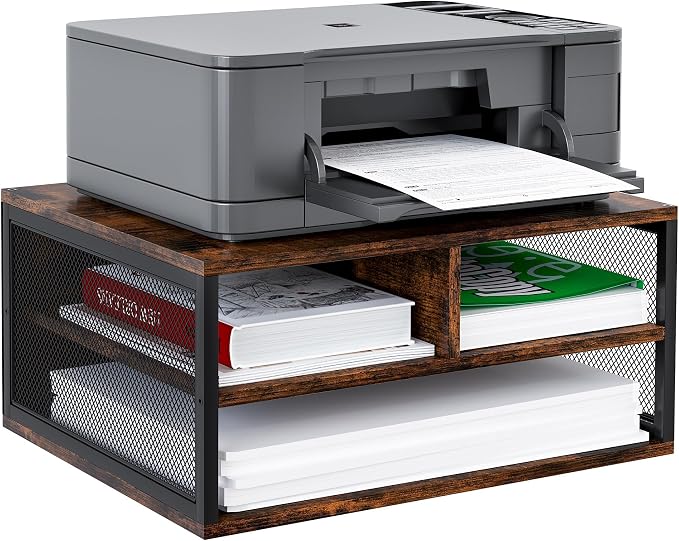 TQVAI Wood Desktop Printer Stand for Countertop, Built-in Shelves for Paper, Ink Cartridges, Supplies, 2 Tier Multi-Functional Printer Organizer for Home Office with Metal Frame，Antique Brown
