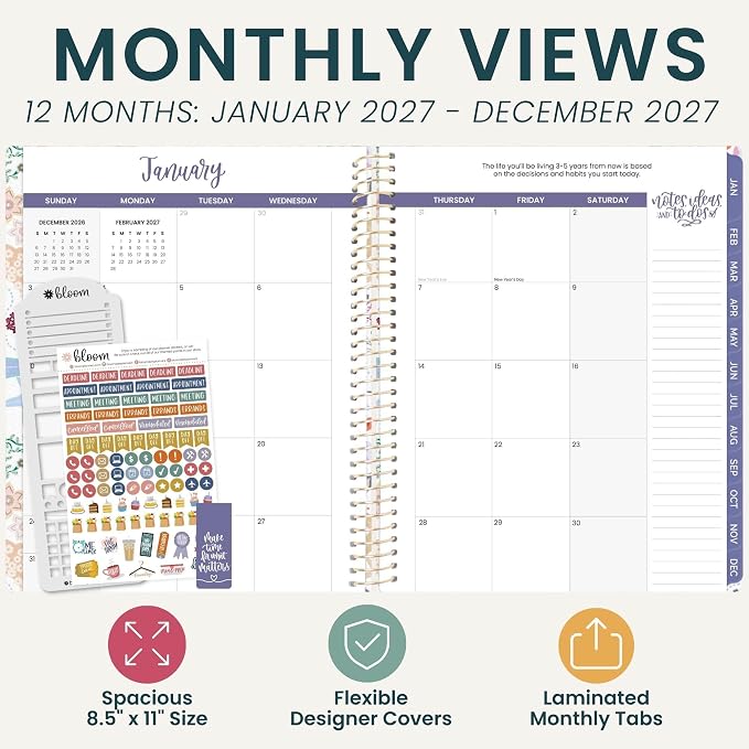 bloom daily planners 2027 Planner for Women (8.5" x 11") - Weekly & Monthly Calendar Year (January to December) Softcover Agenda Book Organizer with Stickers & Stencil - Seaside Whimsy